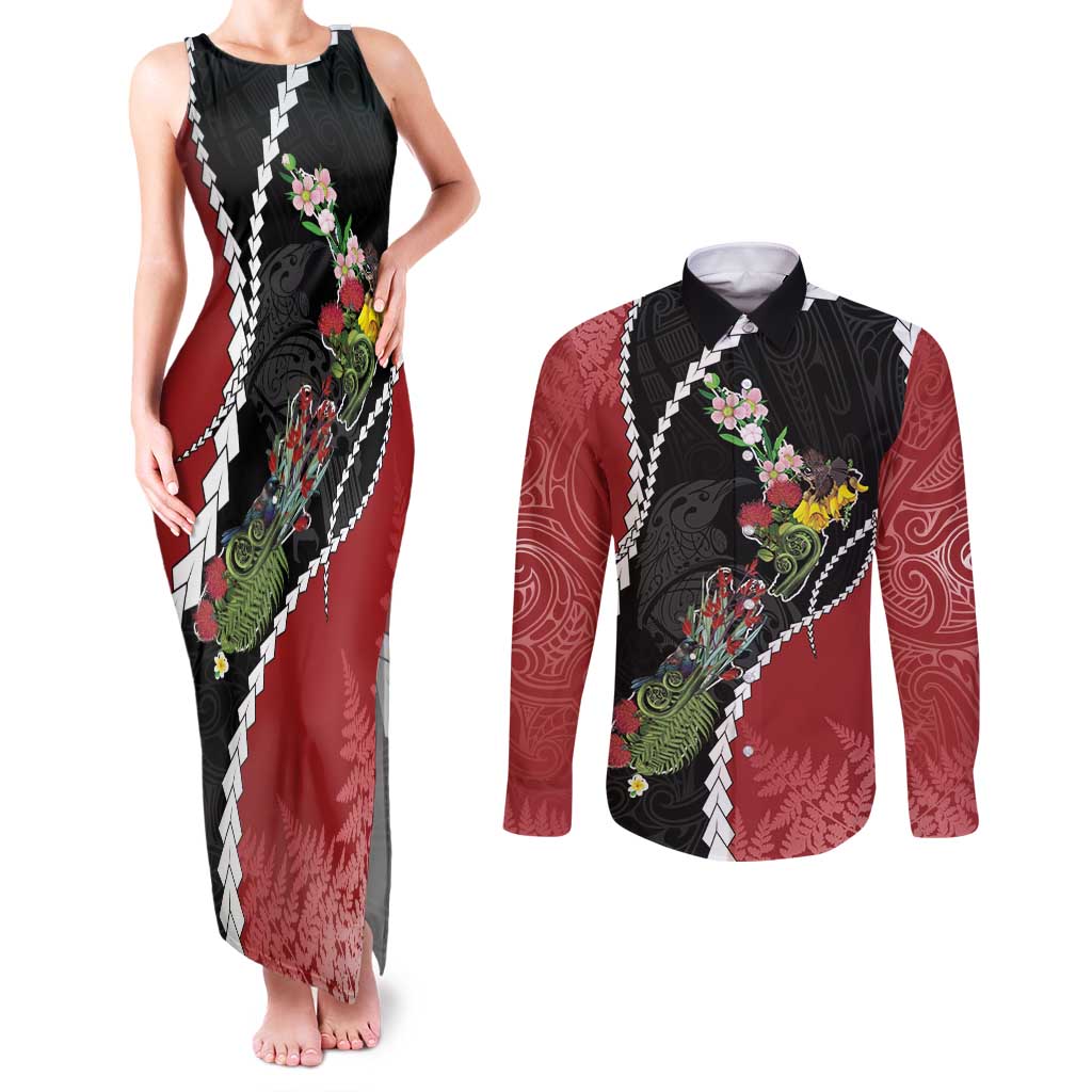 New Zealand Christmas Couples Matching Tank Maxi Dress and Long Sleeve Button Shirt Flora Map with Birds - Aussie Hoodie