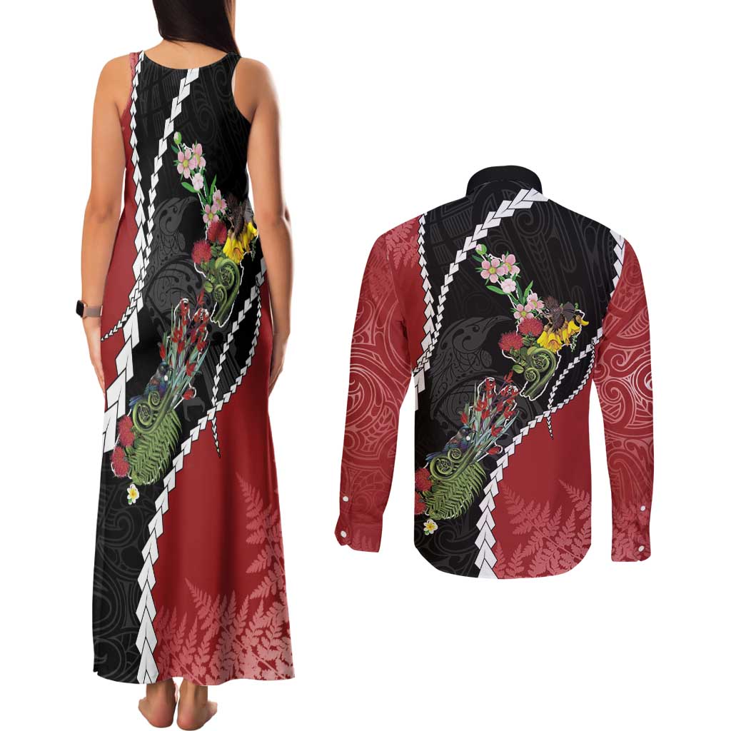 New Zealand Christmas Couples Matching Tank Maxi Dress and Long Sleeve Button Shirt Flora Map with Birds - Aussie Hoodie