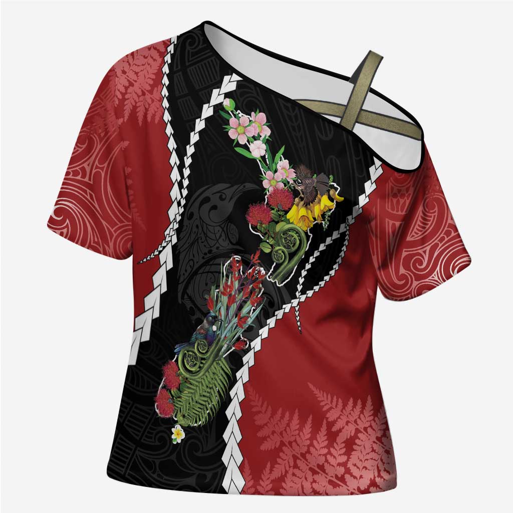 New Zealand Christmas Cross Shoulder Shirt Flora Map with Birds - Aussie Hoodie