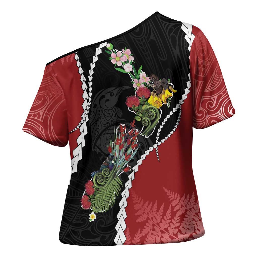 New Zealand Christmas Cross Shoulder Shirt Flora Map with Birds - Aussie Hoodie