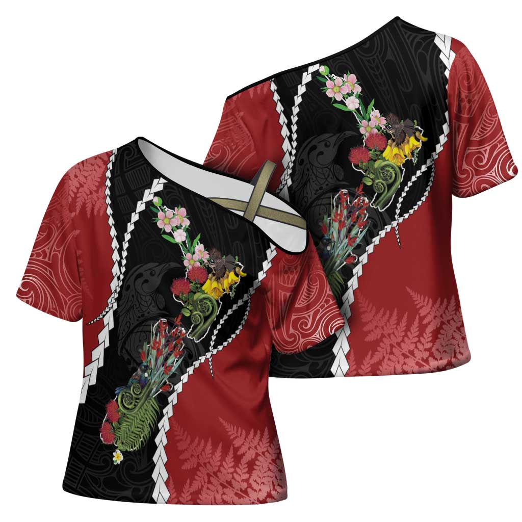 New Zealand Christmas Cross Shoulder Shirt Flora Map with Birds - Aussie Hoodie
