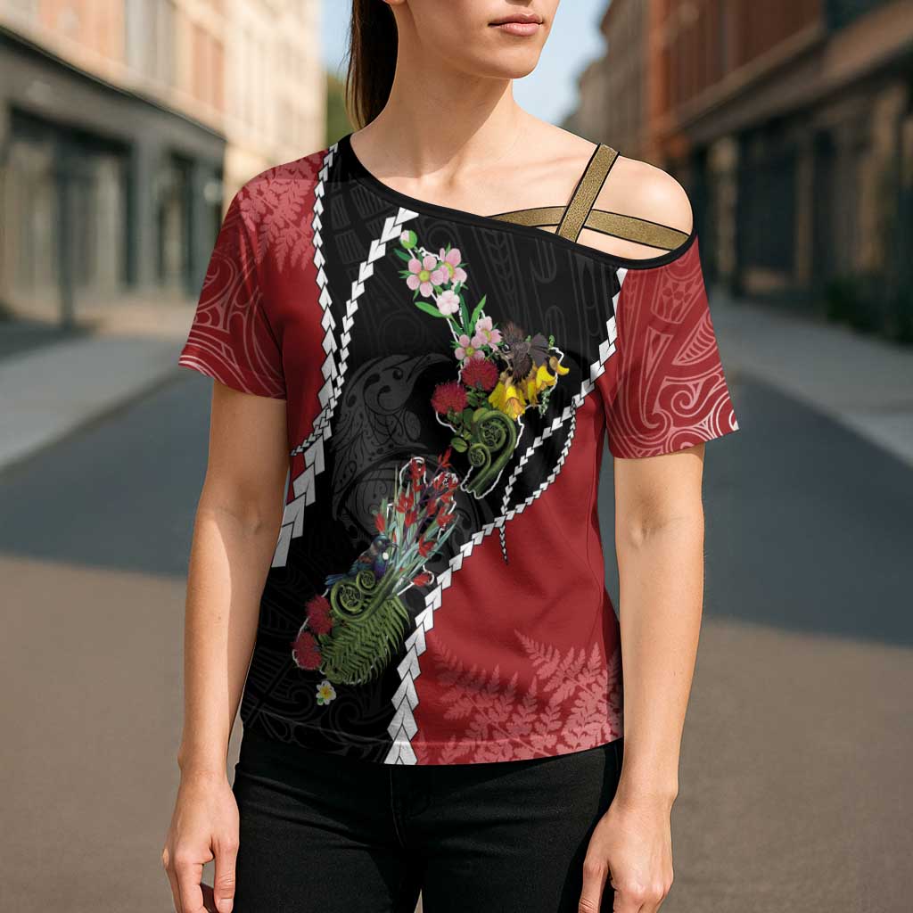 New Zealand Christmas Cross Shoulder Shirt Flora Map with Birds - Aussie Hoodie