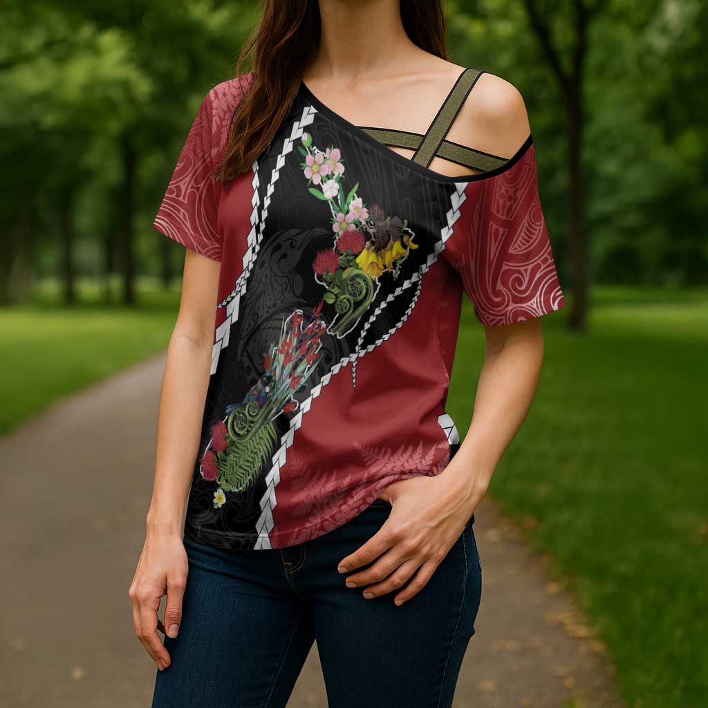 New Zealand Christmas Cross Shoulder Shirt Flora Map with Birds - Aussie Hoodie