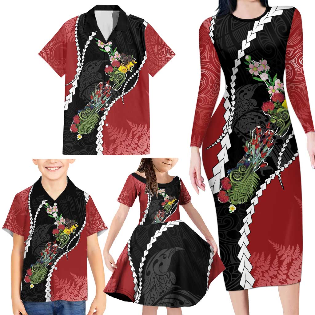 New Zealand Christmas Family Matching Long Sleeve Bodycon Dress and Hawaiian Shirt Flora Map with Birds - Aussie Hoodie