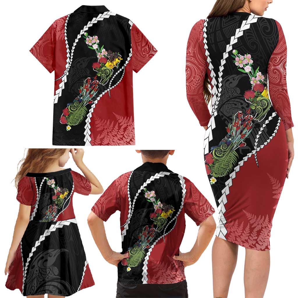 New Zealand Christmas Family Matching Long Sleeve Bodycon Dress and Hawaiian Shirt Flora Map with Birds - Aussie Hoodie