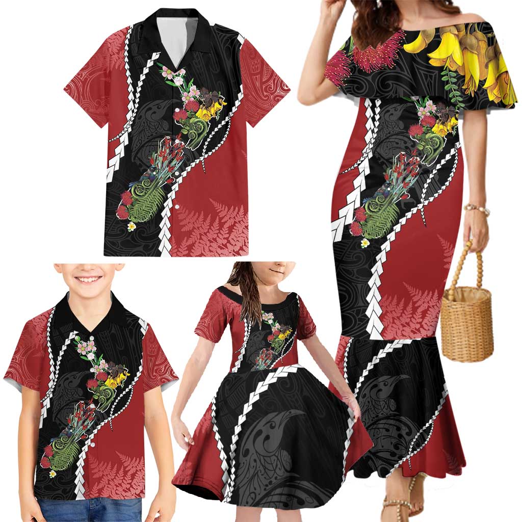 New Zealand Christmas Family Matching Mermaid Dress and Hawaiian Shirt Flora Map with Birds - Aussie Hoodie