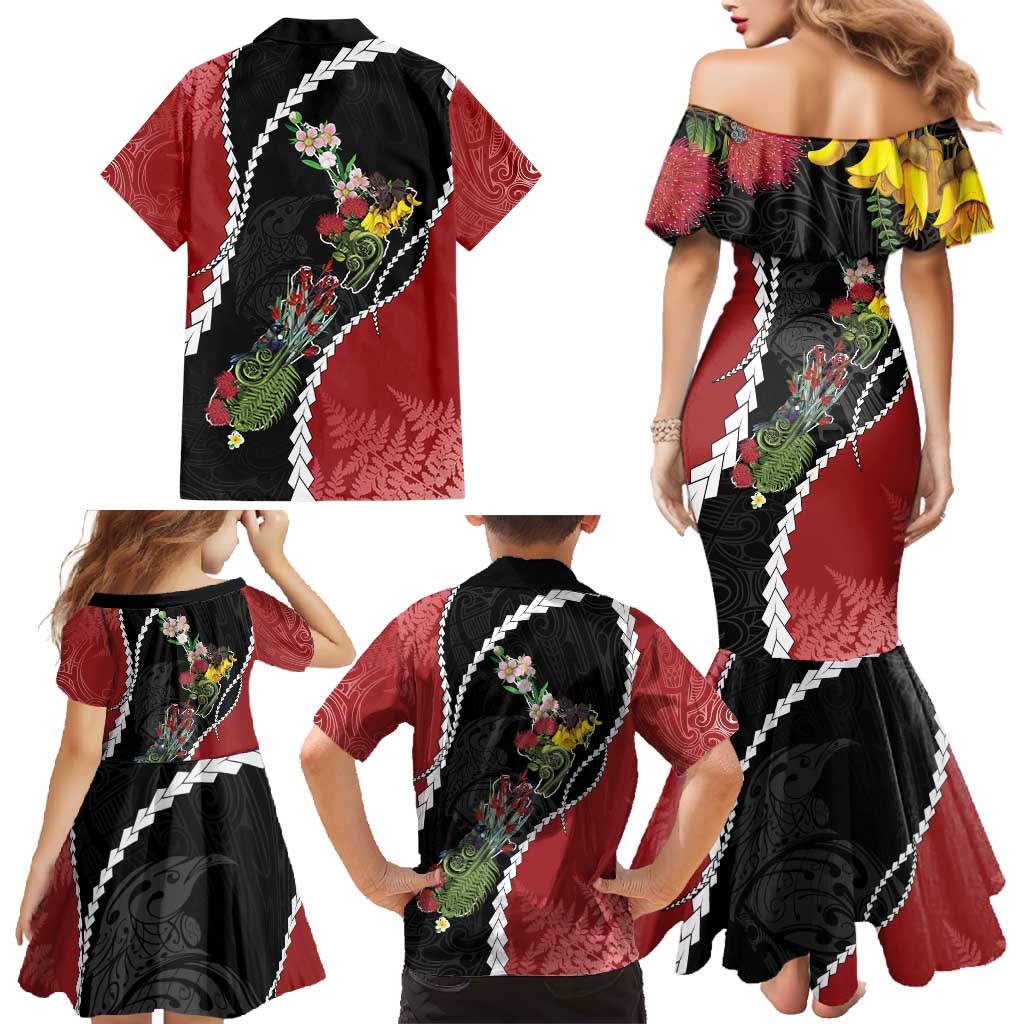 New Zealand Christmas Family Matching Mermaid Dress and Hawaiian Shirt Flora Map with Birds - Aussie Hoodie