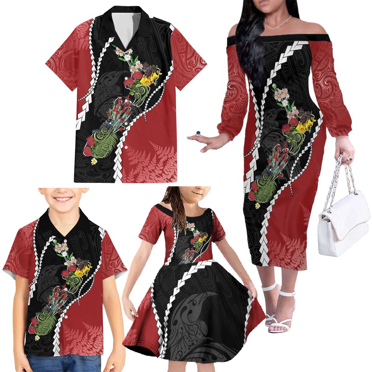 New Zealand Christmas Family Matching Off The Shoulder Long Sleeve Dress and Hawaiian Shirt Flora Map with Birds - Aussie Hoodie