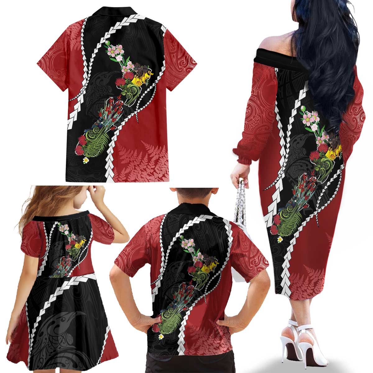 New Zealand Christmas Family Matching Off The Shoulder Long Sleeve Dress and Hawaiian Shirt Flora Map with Birds - Aussie Hoodie