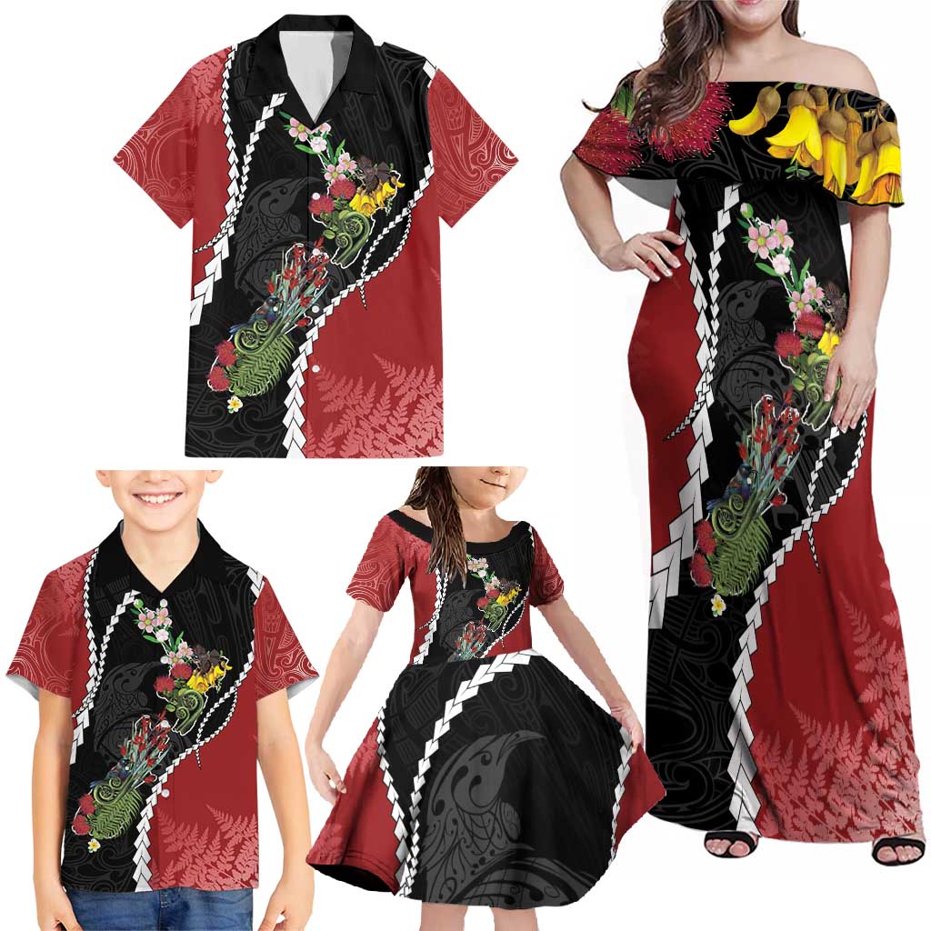 New Zealand Christmas Family Matching Off Shoulder Maxi Dress and Hawaiian Shirt Flora Map with Birds - Aussie Hoodie