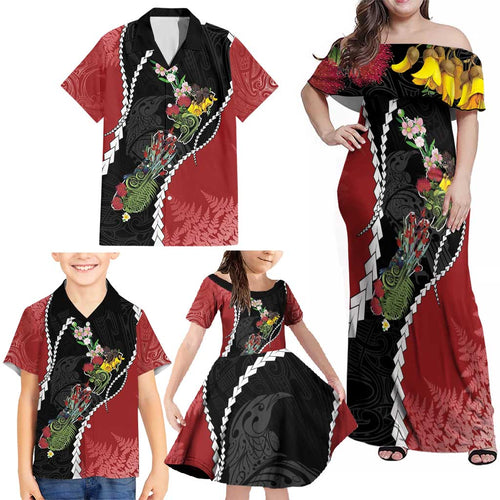 New Zealand Christmas Family Matching Off Shoulder Maxi Dress and Hawaiian Shirt Flora Map with Birds - Aussie Hoodie
