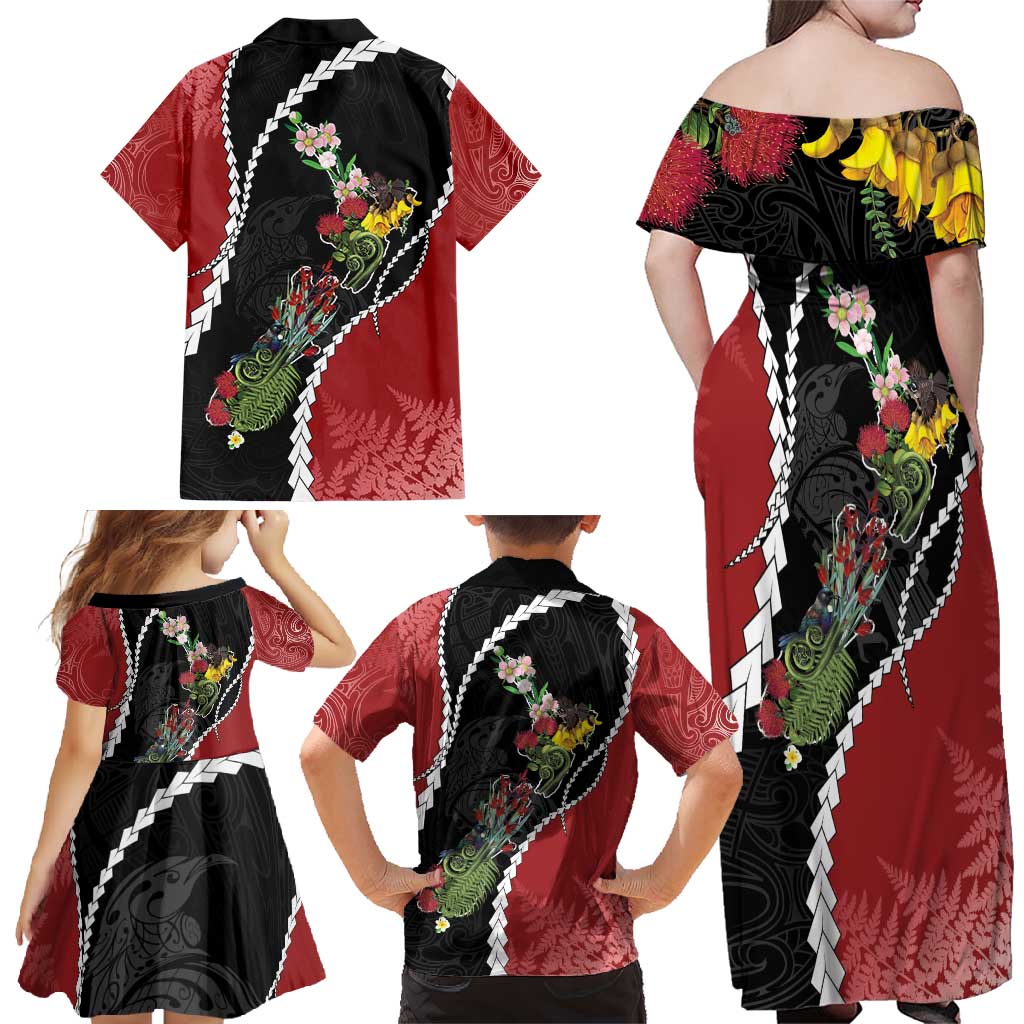 New Zealand Christmas Family Matching Off Shoulder Maxi Dress and Hawaiian Shirt Flora Map with Birds - Aussie Hoodie