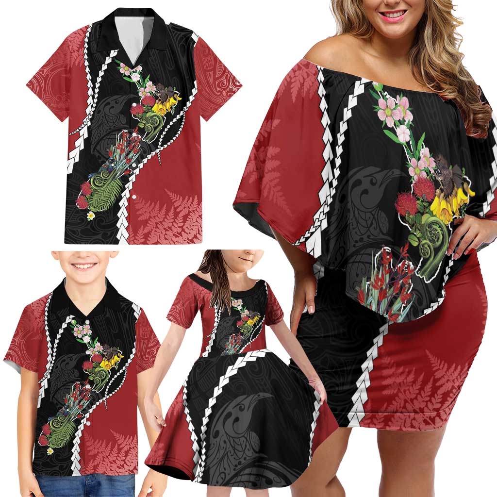 New Zealand Christmas Family Matching Off Shoulder Short Dress and Hawaiian Shirt Flora Map with Birds - Aussie Hoodie