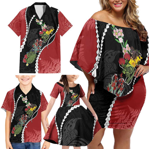 New Zealand Christmas Family Matching Off Shoulder Short Dress and Hawaiian Shirt Flora Map with Birds - Aussie Hoodie