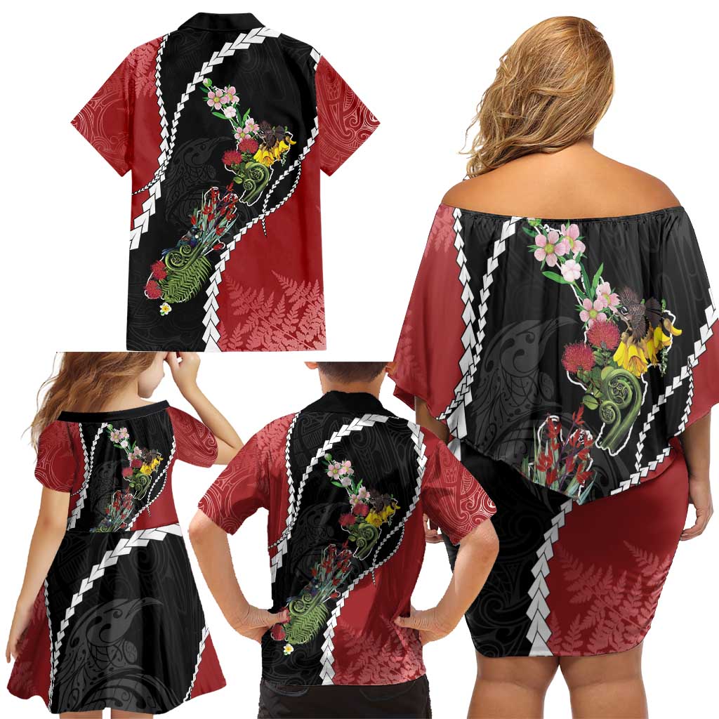 New Zealand Christmas Family Matching Off Shoulder Short Dress and Hawaiian Shirt Flora Map with Birds - Aussie Hoodie