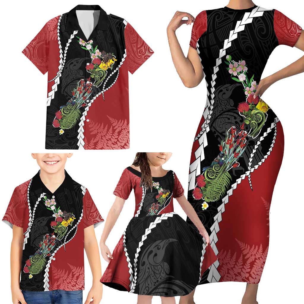New Zealand Christmas Family Matching Short Sleeve Bodycon Dress and Hawaiian Shirt Flora Map with Birds - Aussie Hoodie