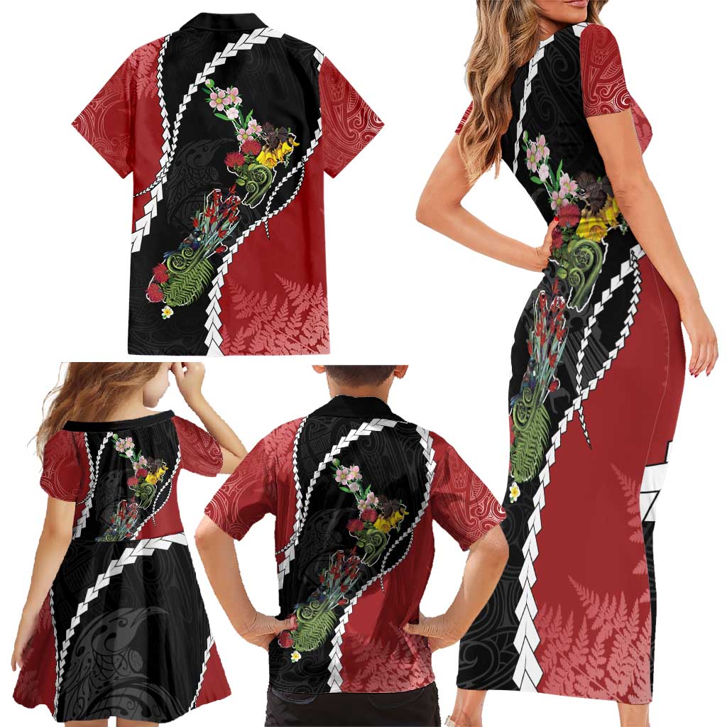 New Zealand Christmas Family Matching Short Sleeve Bodycon Dress and Hawaiian Shirt Flora Map with Birds - Aussie Hoodie
