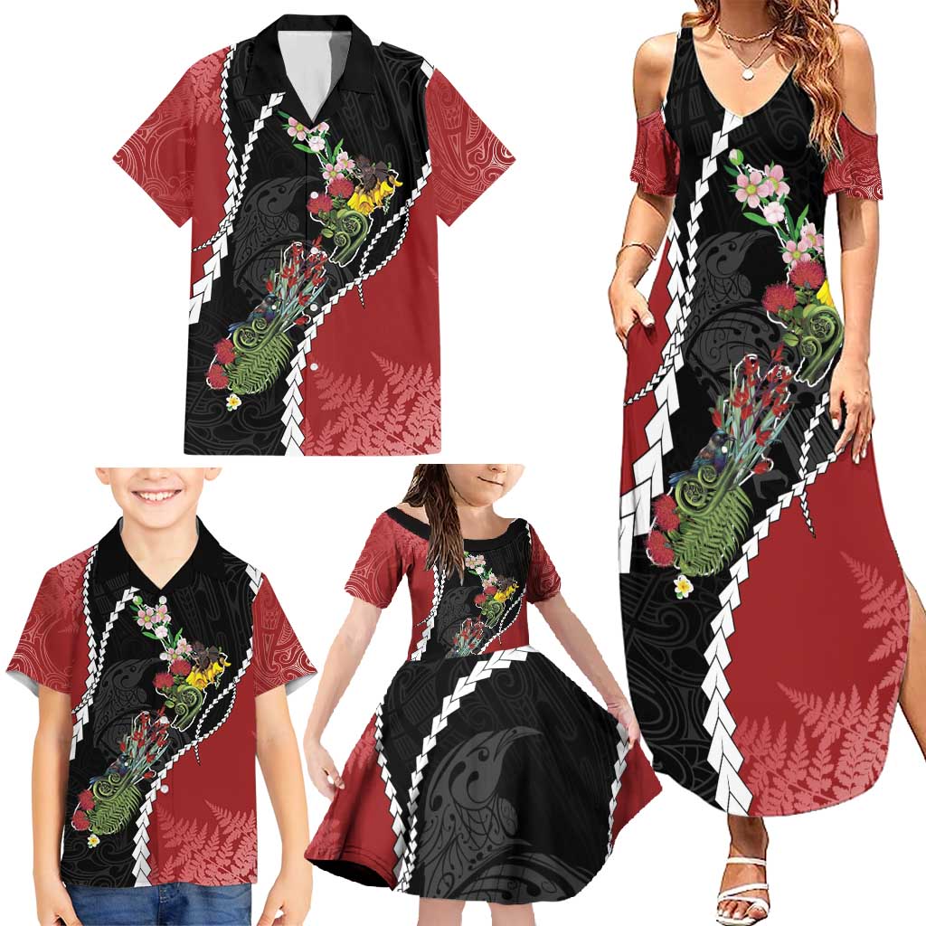 New Zealand Christmas Family Matching Summer Maxi Dress and Hawaiian Shirt Flora Map with Birds - Aussie Hoodie