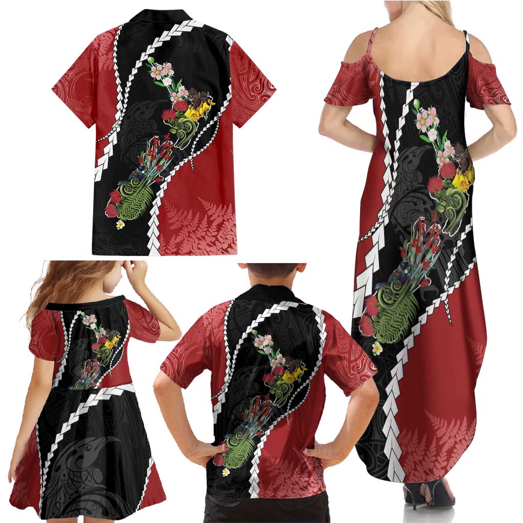 New Zealand Christmas Family Matching Summer Maxi Dress and Hawaiian Shirt Flora Map with Birds - Aussie Hoodie