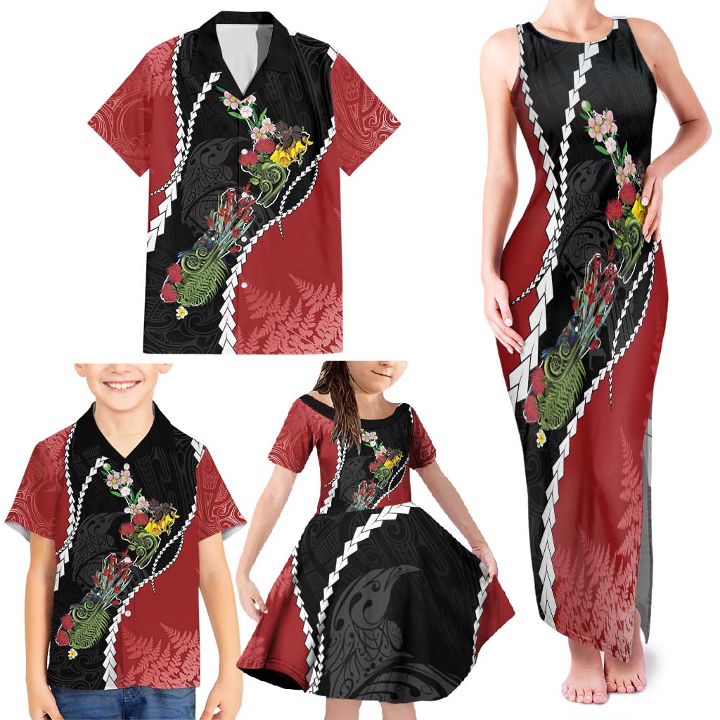 New Zealand Christmas Family Matching Tank Maxi Dress and Hawaiian Shirt Flora Map with Birds - Aussie Hoodie