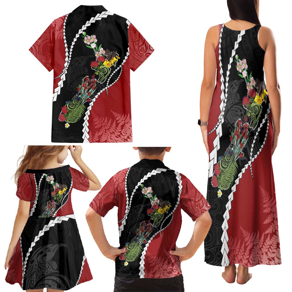 New Zealand Christmas Family Matching Tank Maxi Dress and Hawaiian Shirt Flora Map with Birds - Aussie Hoodie