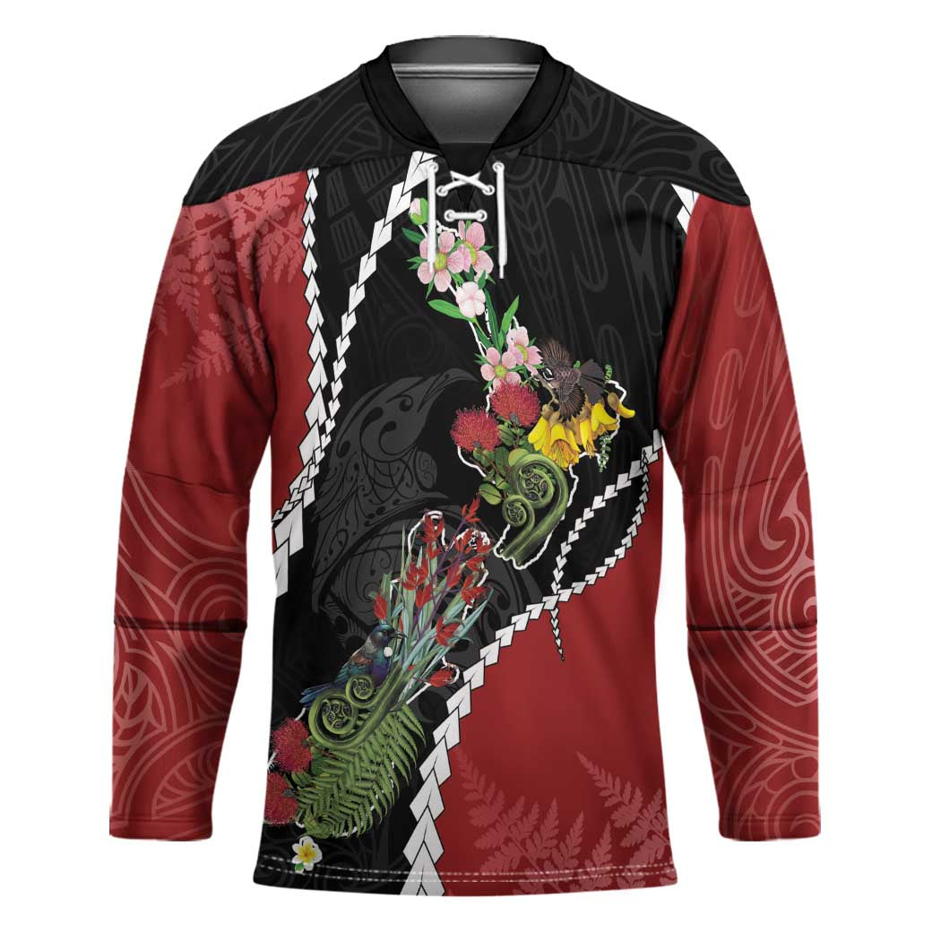 New Zealand Christmas Hockey Jersey Flora Map with Birds - Aussie Hoodie