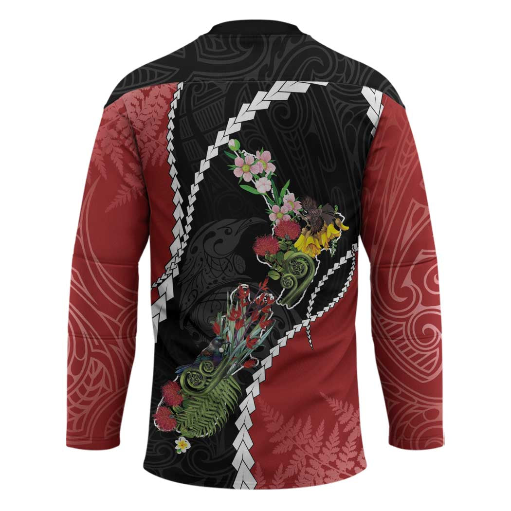 New Zealand Christmas Hockey Jersey Flora Map with Birds - Aussie Hoodie