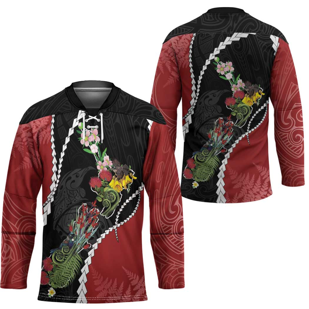 New Zealand Christmas Hockey Jersey Flora Map with Birds - Aussie Hoodie