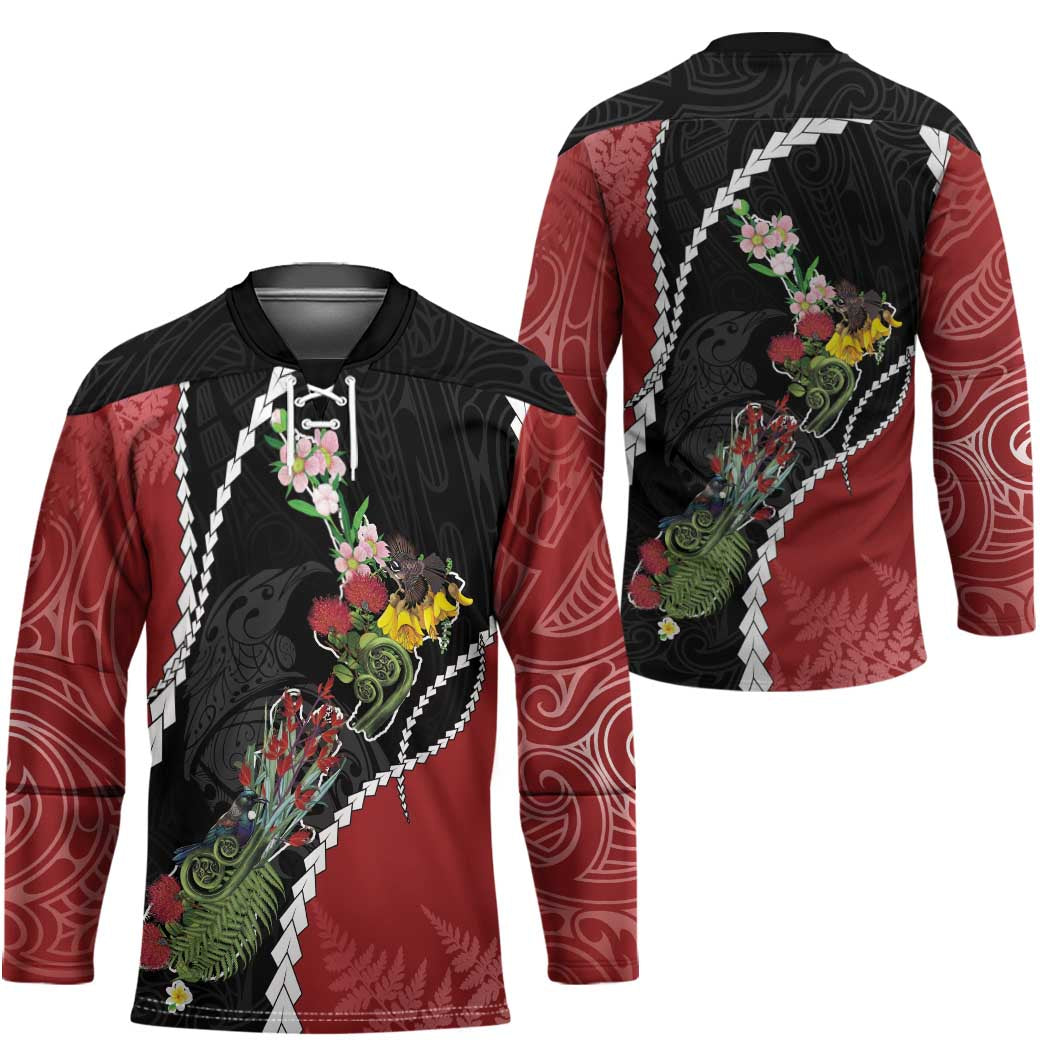 New Zealand Christmas Hockey Jersey Flora Map with Birds - Aussie Hoodie