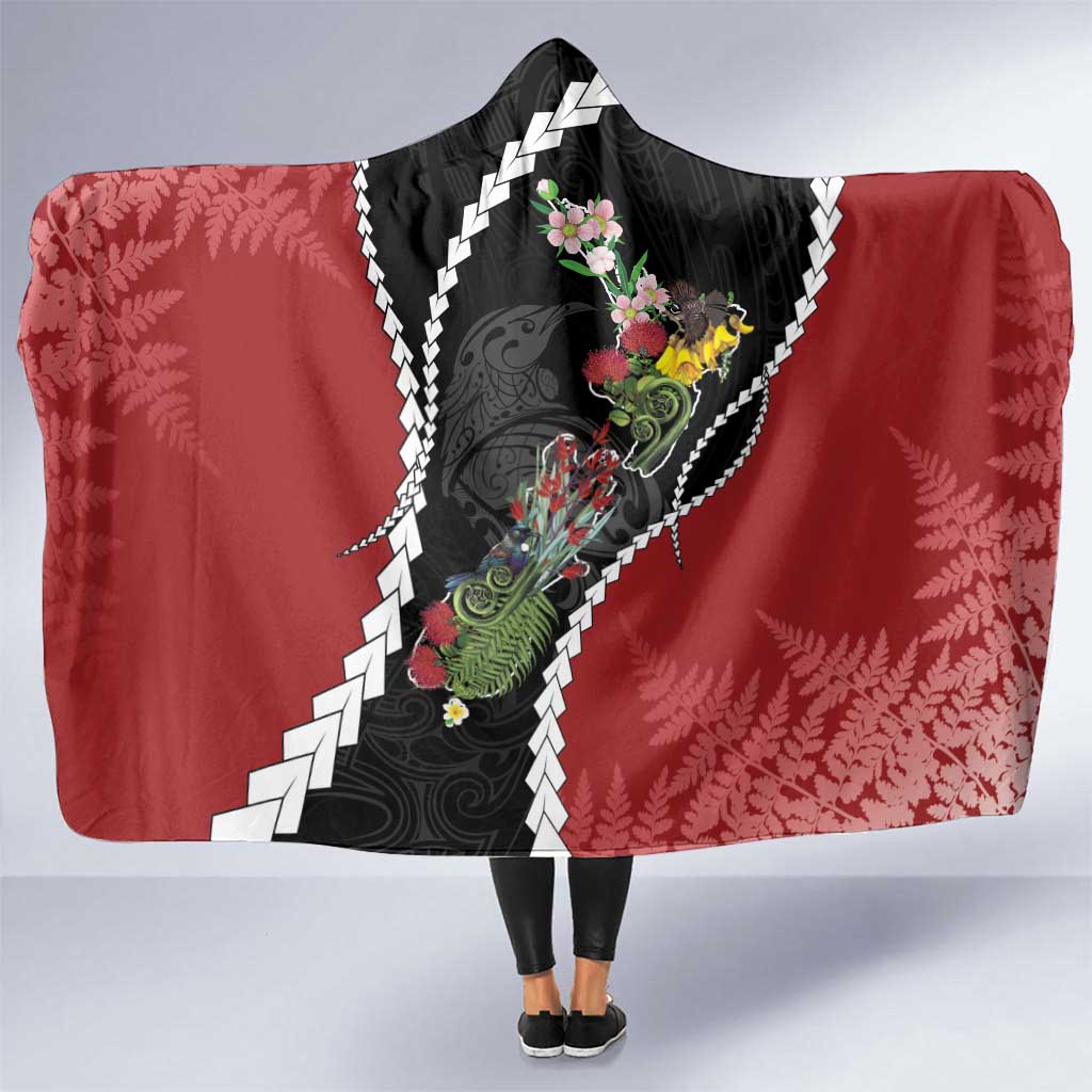 New Zealand Christmas Hooded Blanket Flora Map with Birds - Aussie Hoodie