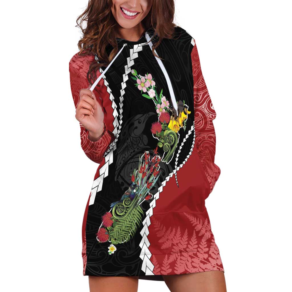 New Zealand Christmas Hoodie Dress Flora Map with Birds - Aussie Hoodie