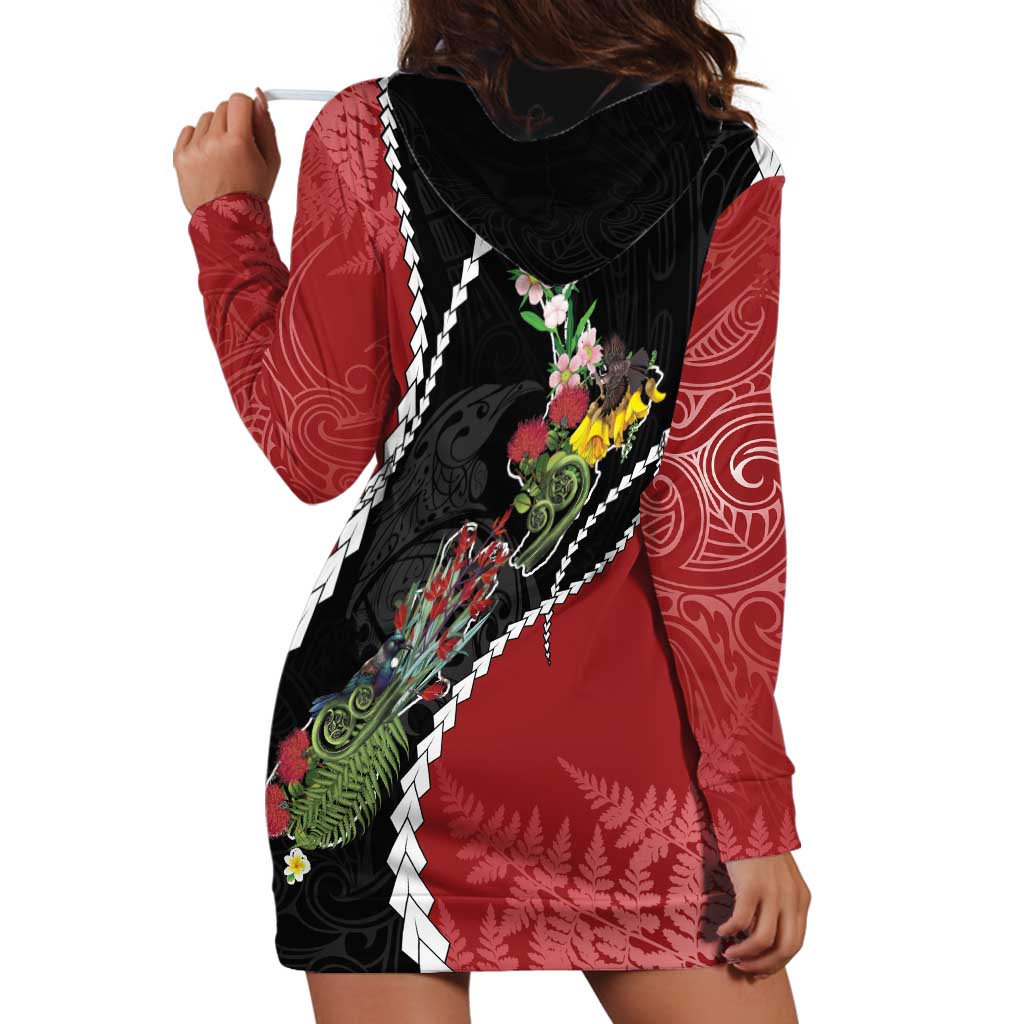 New Zealand Christmas Hoodie Dress Flora Map with Birds - Aussie Hoodie