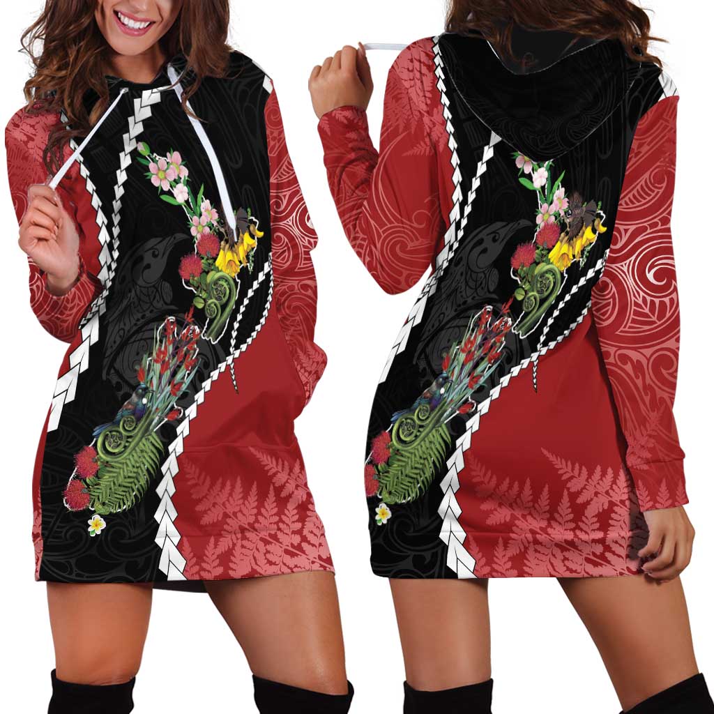 New Zealand Christmas Hoodie Dress Flora Map with Birds - Aussie Hoodie