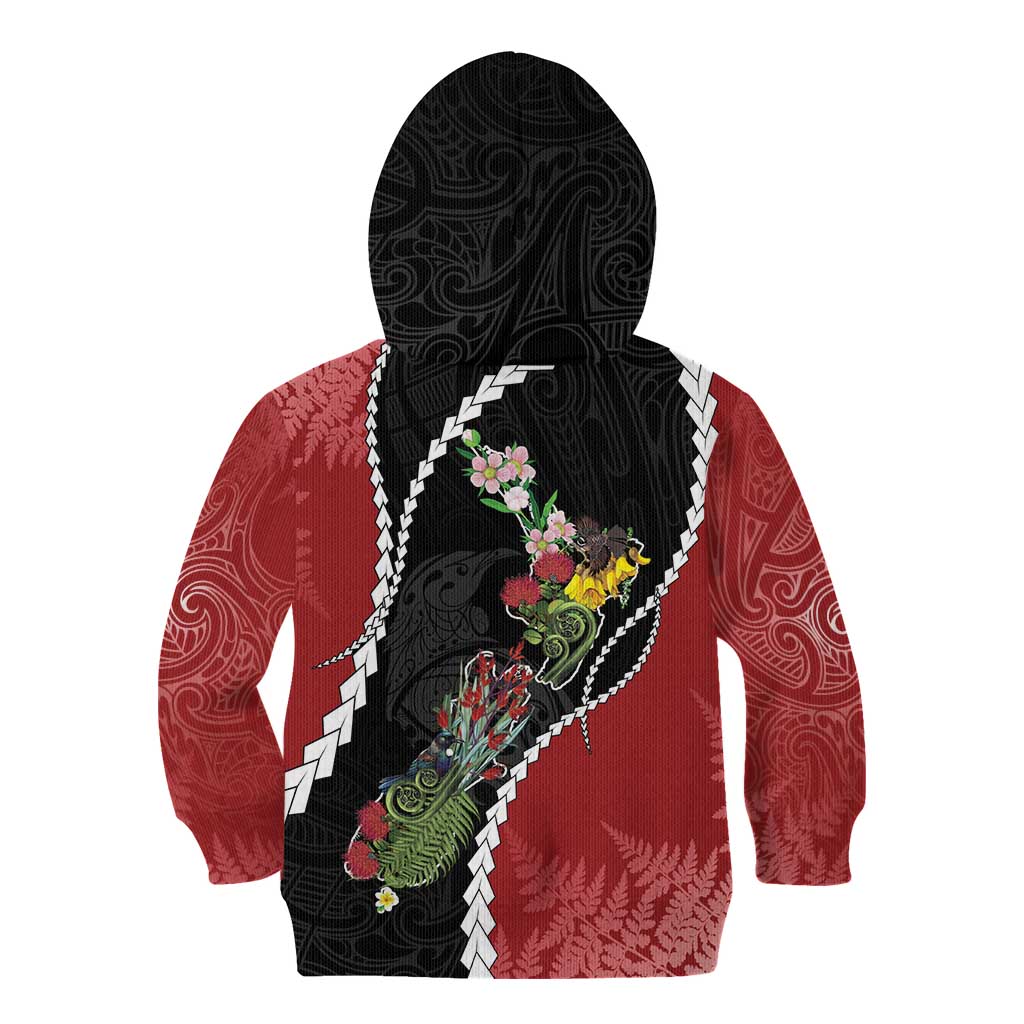 New Zealand Christmas Kid Hoodie Flora Map with Birds - Aussie Hoodie