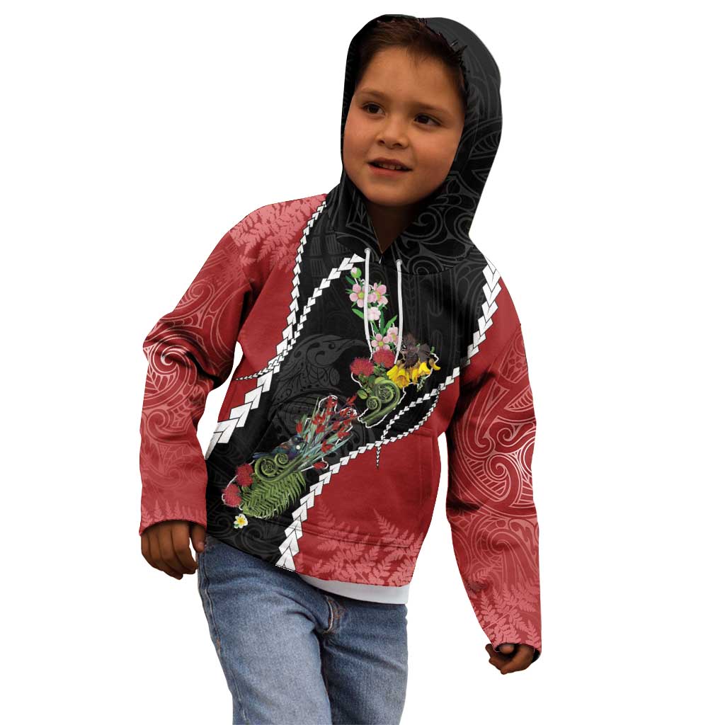 New Zealand Christmas Kid Hoodie Flora Map with Birds - Aussie Hoodie