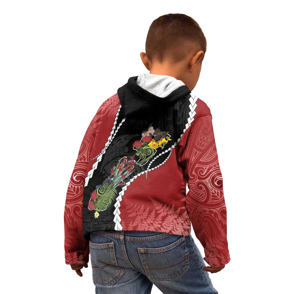 New Zealand Christmas Kid Hoodie Flora Map with Birds - Aussie Hoodie