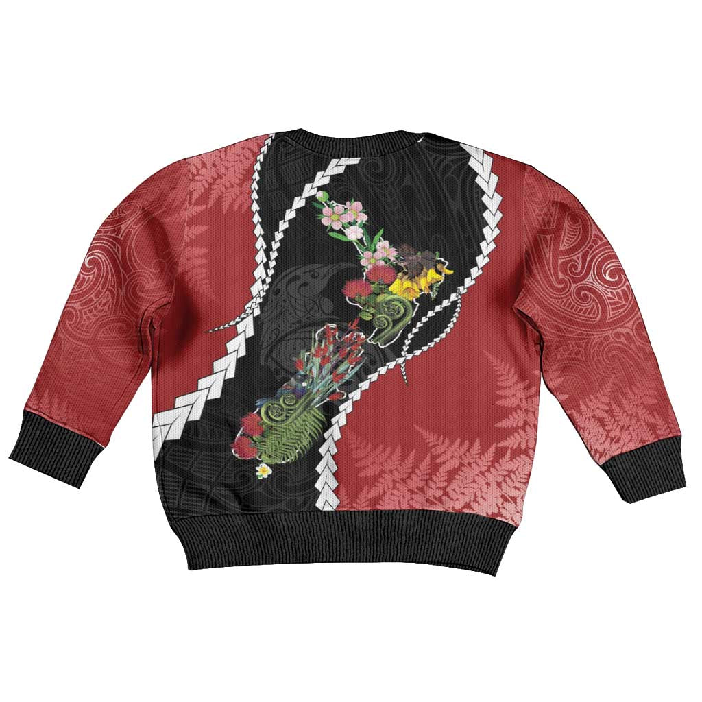 New Zealand Christmas Kid Ugly Christmas Sweater Flora Map with Birds - Aussie Hoodie