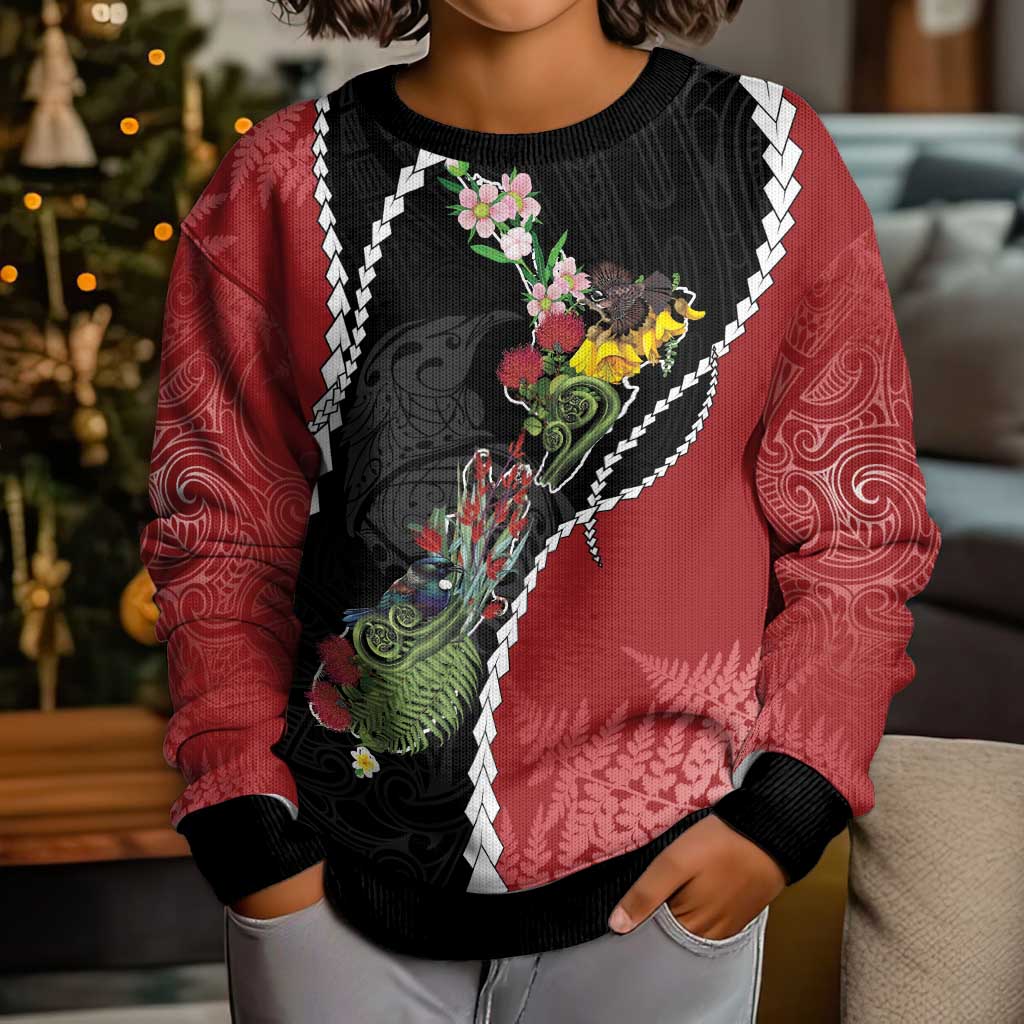 New Zealand Christmas Kid Ugly Christmas Sweater Flora Map with Birds - Aussie Hoodie