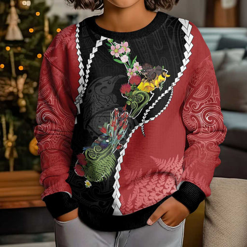 New Zealand Christmas Kid Ugly Christmas Sweater Flora Map with Birds - Aussie Hoodie