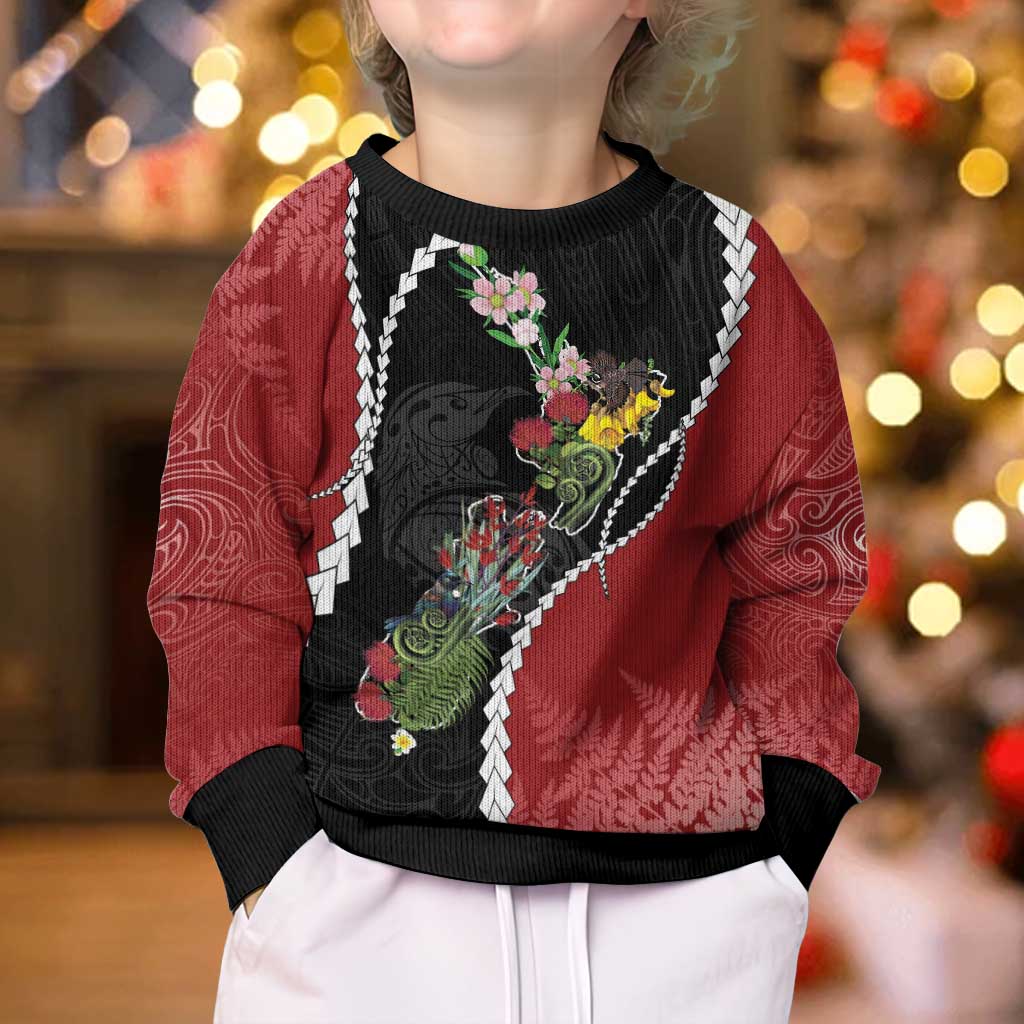 New Zealand Christmas Kid Ugly Christmas Sweater Flora Map with Birds - Aussie Hoodie
