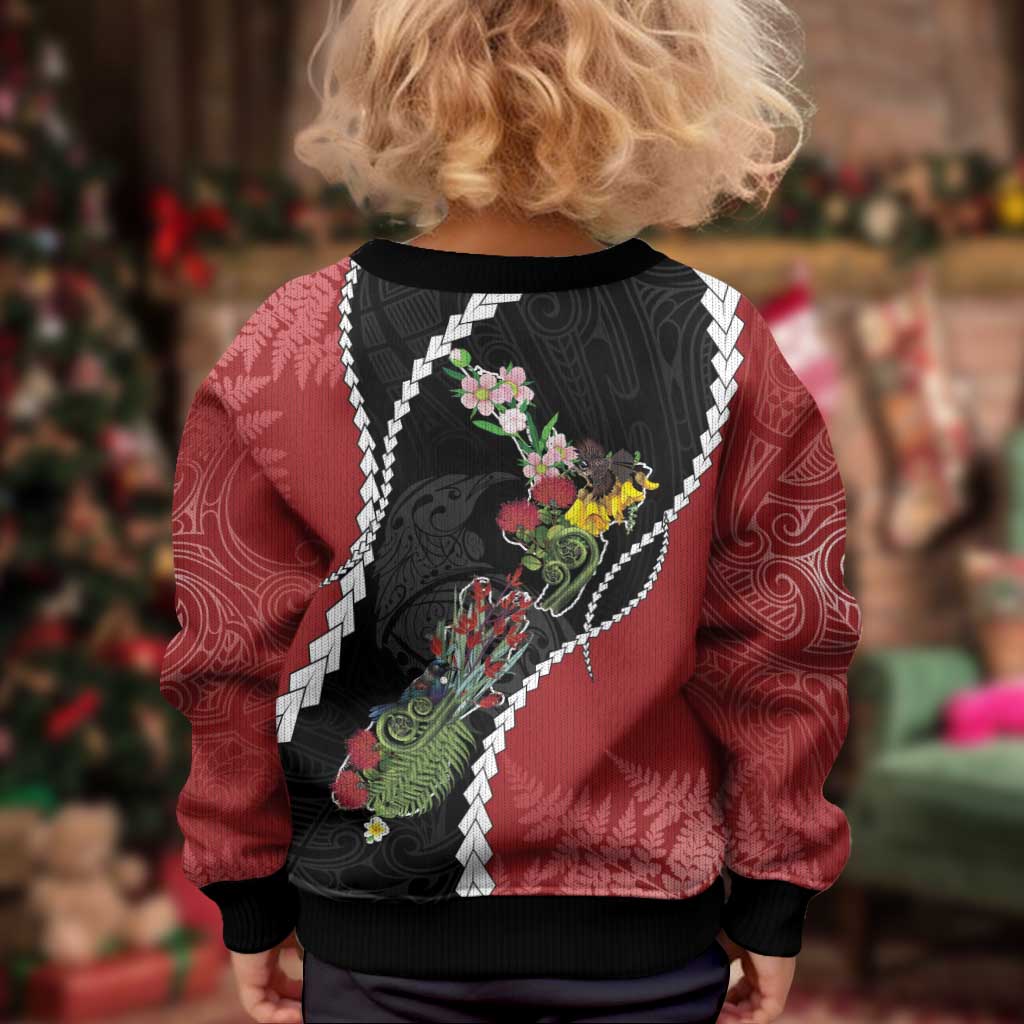 New Zealand Christmas Kid Ugly Christmas Sweater Flora Map with Birds - Aussie Hoodie