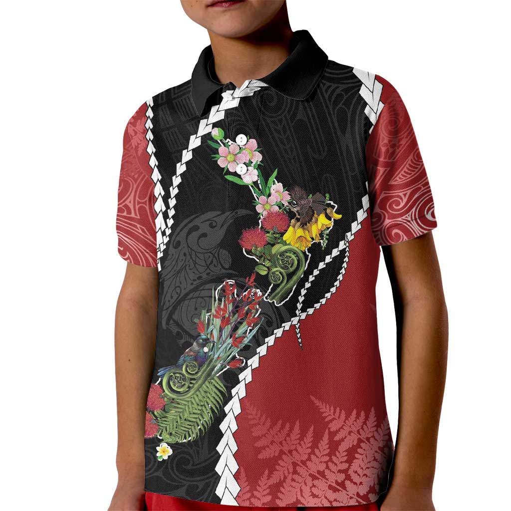 New Zealand Christmas Kid Polo Shirt Flora Map with Birds - Aussie Hoodie