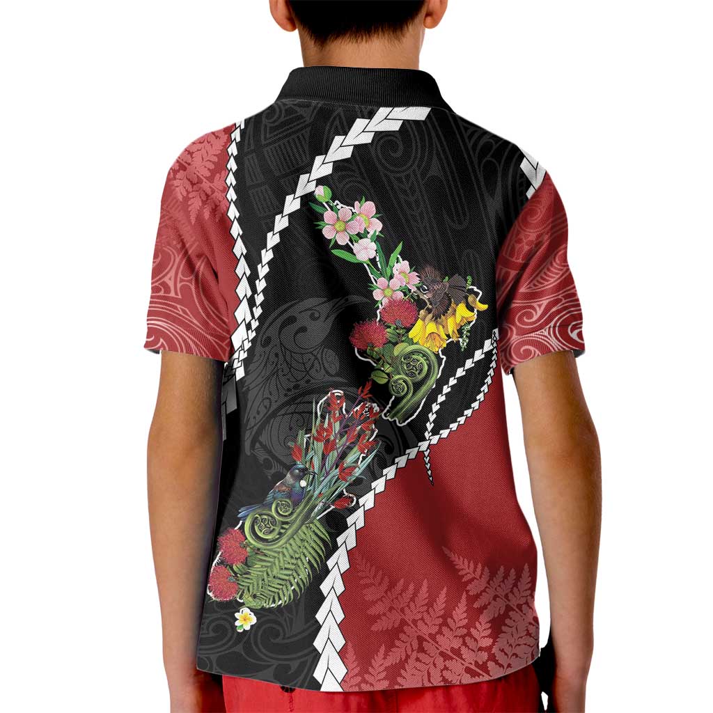 New Zealand Christmas Kid Polo Shirt Flora Map with Birds - Aussie Hoodie
