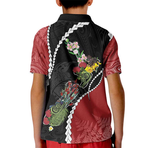 New Zealand Christmas Kid Polo Shirt Flora Map with Birds - Aussie Hoodie