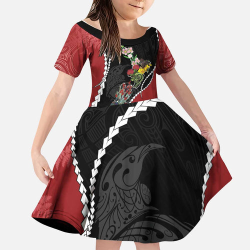 New Zealand Christmas Kid Short Sleeve Dress Flora Map with Birds - Aussie Hoodie