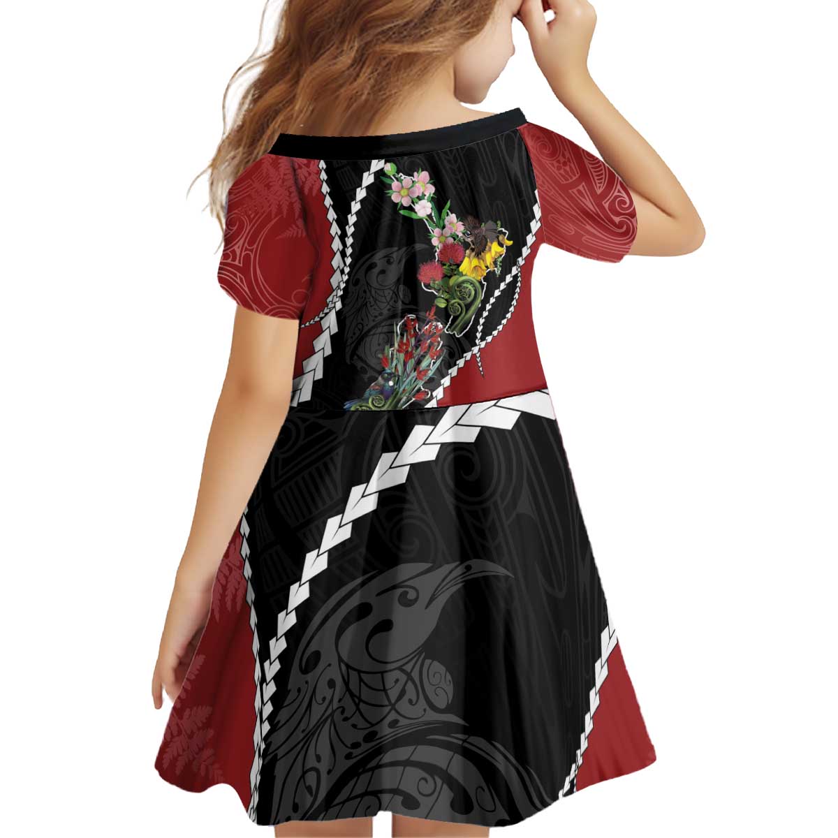New Zealand Christmas Kid Short Sleeve Dress Flora Map with Birds - Aussie Hoodie
