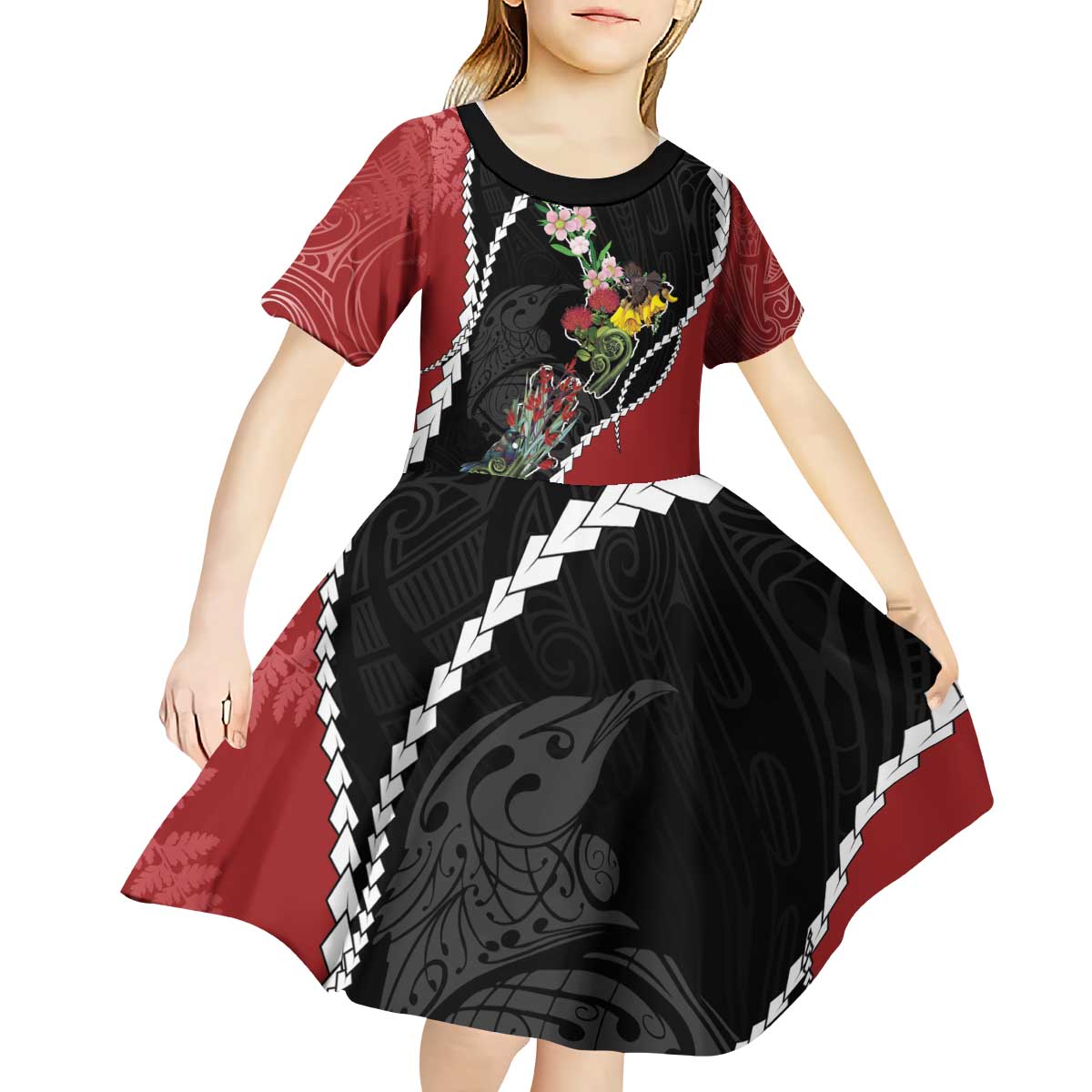 New Zealand Christmas Kid Short Sleeve Dress Flora Map with Birds - Aussie Hoodie