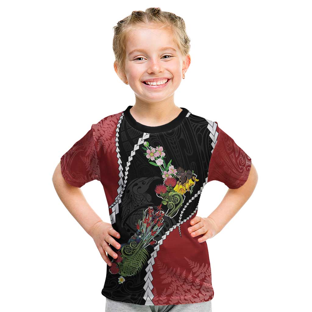 New Zealand Christmas Kid T Shirt Flora Map with Birds - Aussie Hoodie
