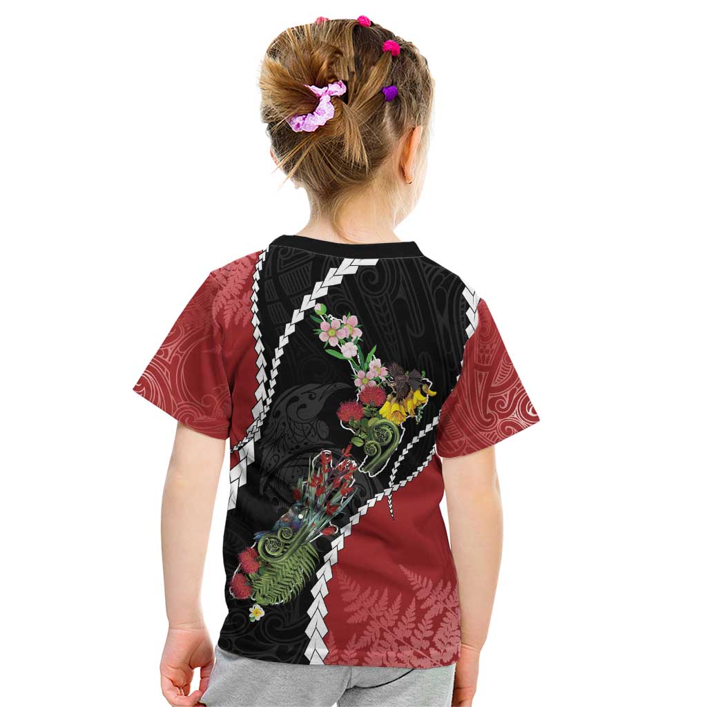 New Zealand Christmas Kid T Shirt Flora Map with Birds - Aussie Hoodie