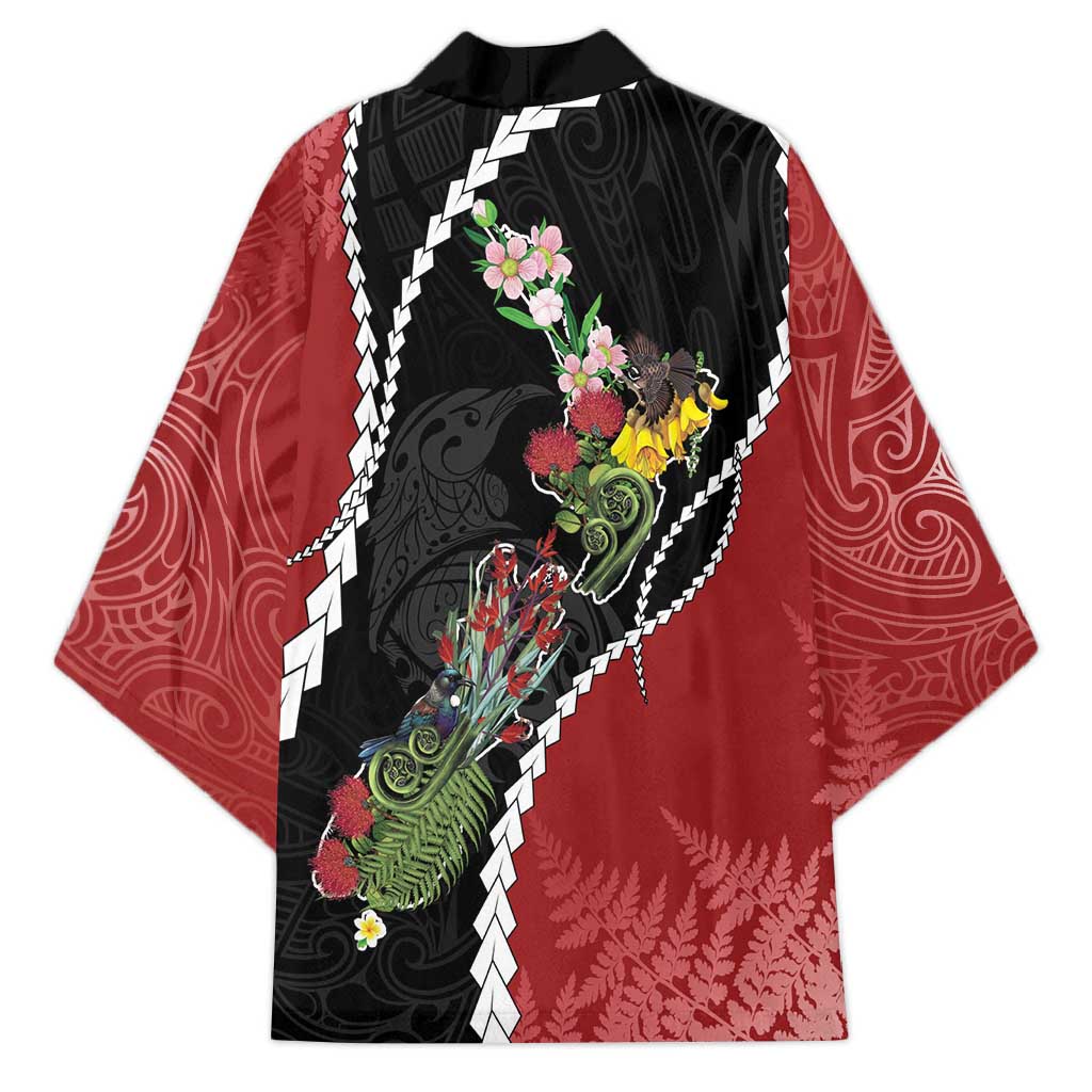 New Zealand Christmas Kimono Flora Map with Birds - Aussie Hoodie